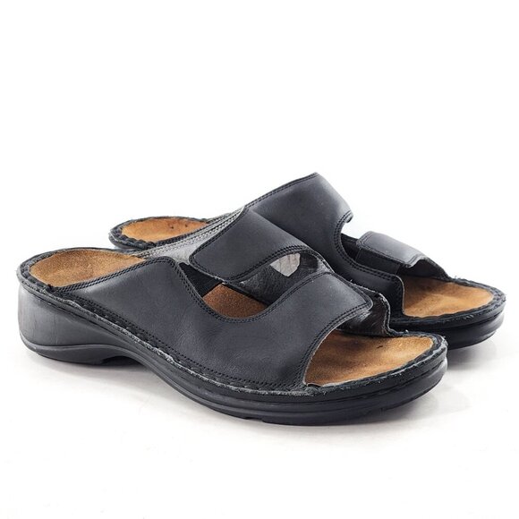 NAOT Black Leather Low Wedge Slide Sandals Elastic Straps - Picture 1 of 6